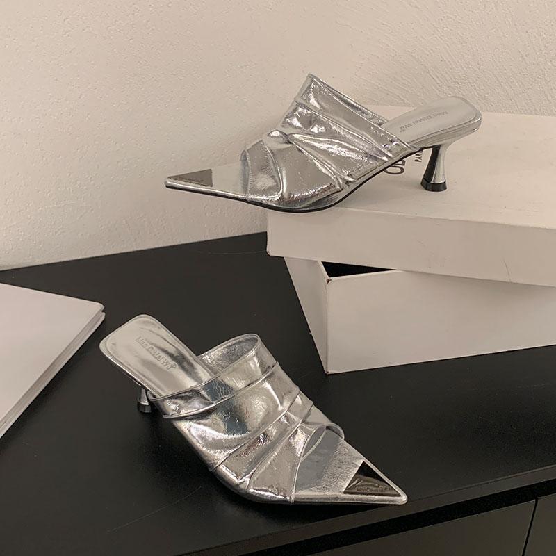 Fashion Fashion Pointed Toe Women Medium Heels Pumps Slides Shoes Slip On Footwear Shallow Ladies Thin Heels Shoes Female Sandals