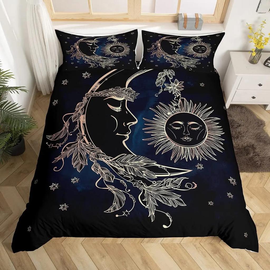 Duvet Cover Set Golden Sun and Moon Boho Mysterious Color Home Decor Bedding Set Adults Gifts with Zipper Decorative Quilt Cover