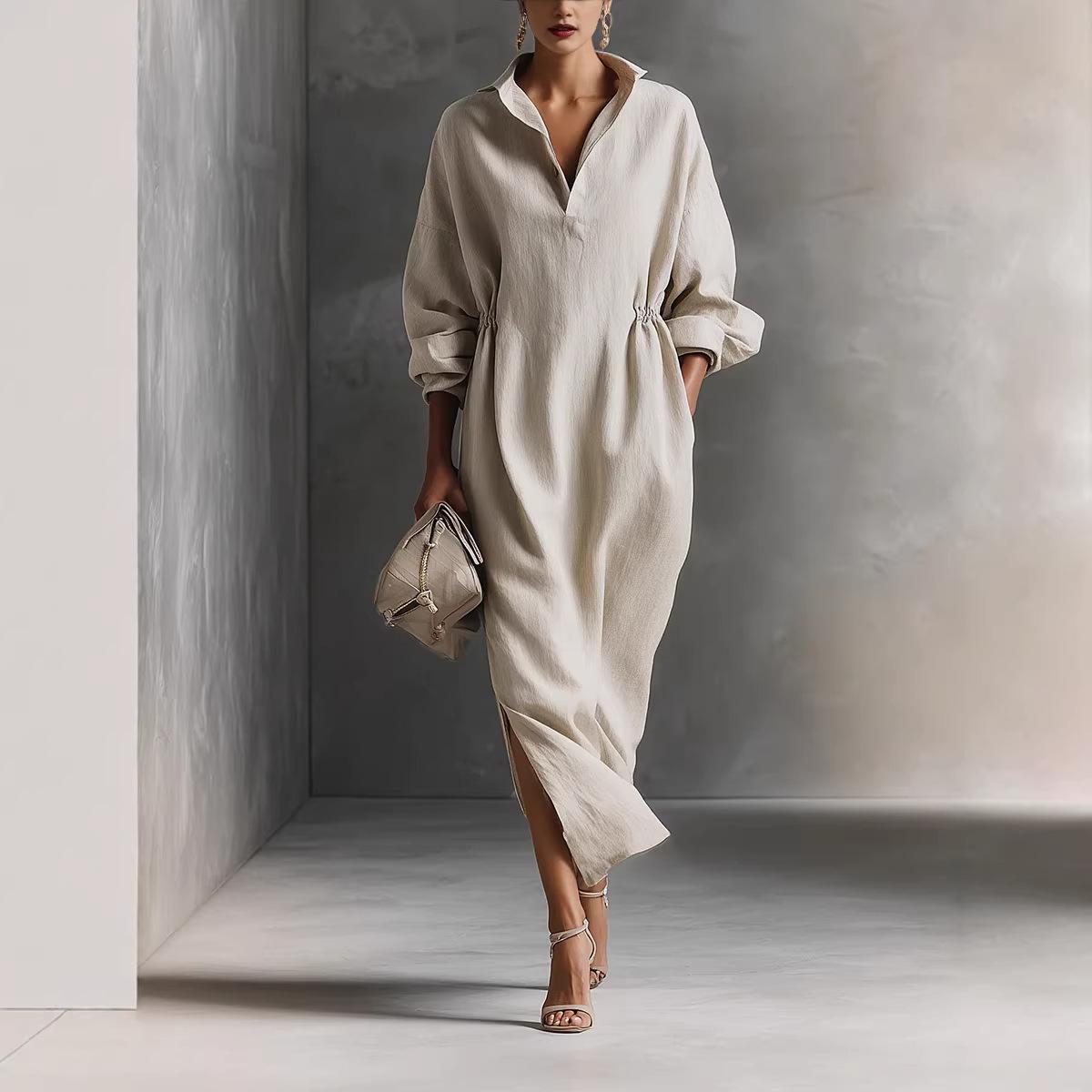 2026 European and American women s clothing French casual fashion long dress temperament elegant long-sleeved lapel split dress S