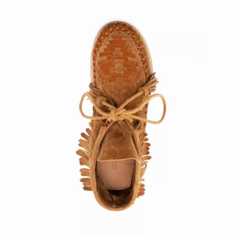 High-end Autumn and Winter New Martin Boots Round Head Retro Flat Bottom Strap Low Tube Versatile Breathable Soft Bottom Fringed Boots