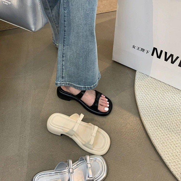 Summer Women's Slippers Stylish Peep Toe Low Heel Silver Women's Comfortable Beach Shoes Sapatilas