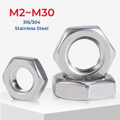 M2 M2.5 M3 M4 M5 M6 M8 M10~M30 316/304 Stainless Steel Flat Hex Hexagon Thin Nut Metric Thread Wafer Low Jam Nuts