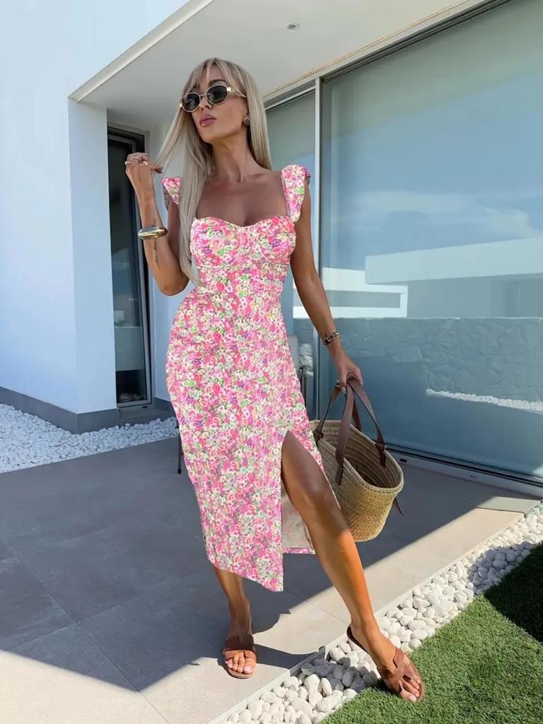 2025 Summer French Floral Midi Dress with Elegant Sling and Slit Design