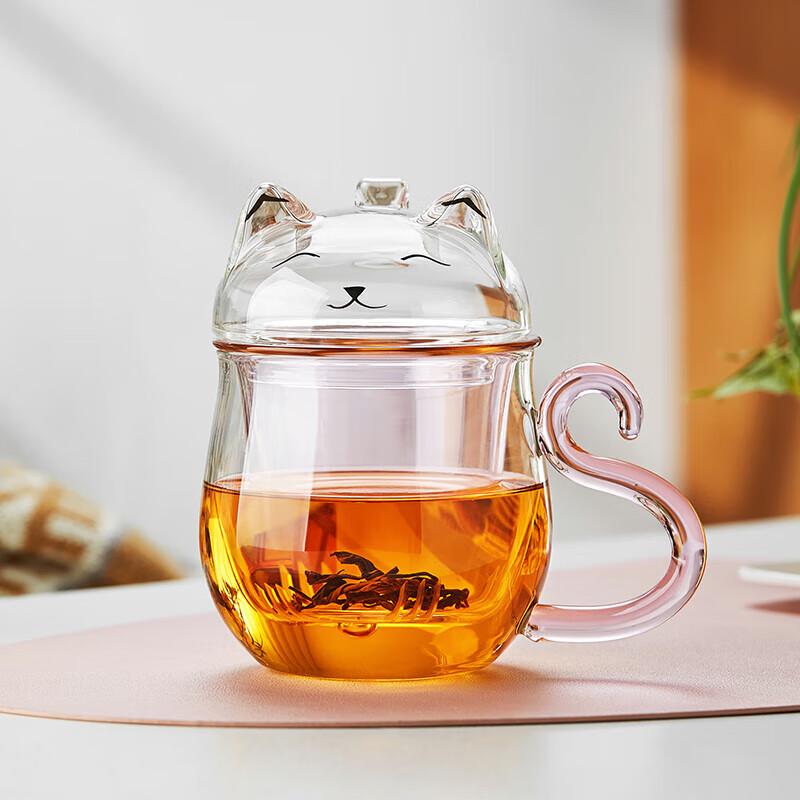 Meisni Cat Shaped Pink Glass Tea Infuser Mug