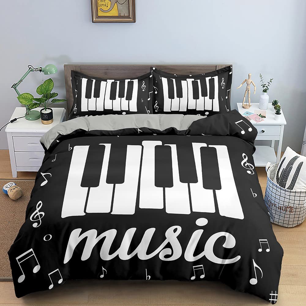 Retro Music Theme Piano Soft with Soft Fabric Duvet Cover - Rotating Musical Notes Design, Black And White Stave, for Young Girls