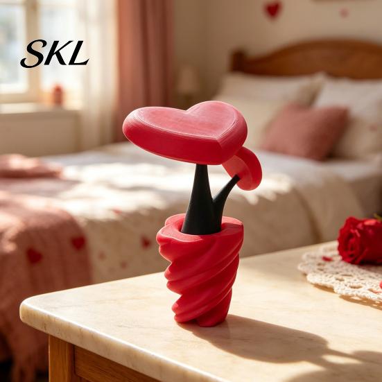 Romantic Love Flower Sculpture 3D Printed Heart-Shaped Vase, with Spiral Base, Detachable Plug-in Eye-catching Colorful Ornament Desktop Decor, Modern