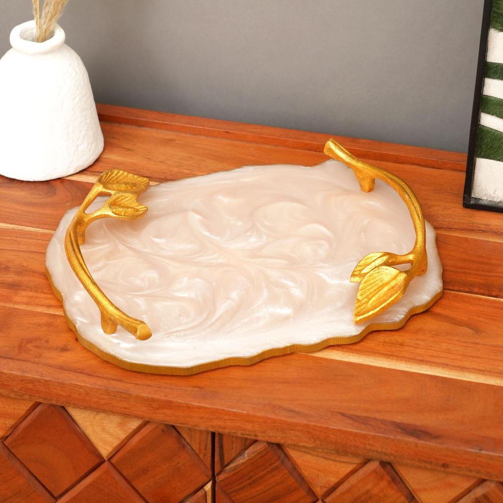 Luxury Marble Finish Leaf Handle Serving Tray – Gold Accents