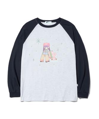 PAGESIISII Rabbit Friends Illustration Print Oversized Long Sleeve Navy