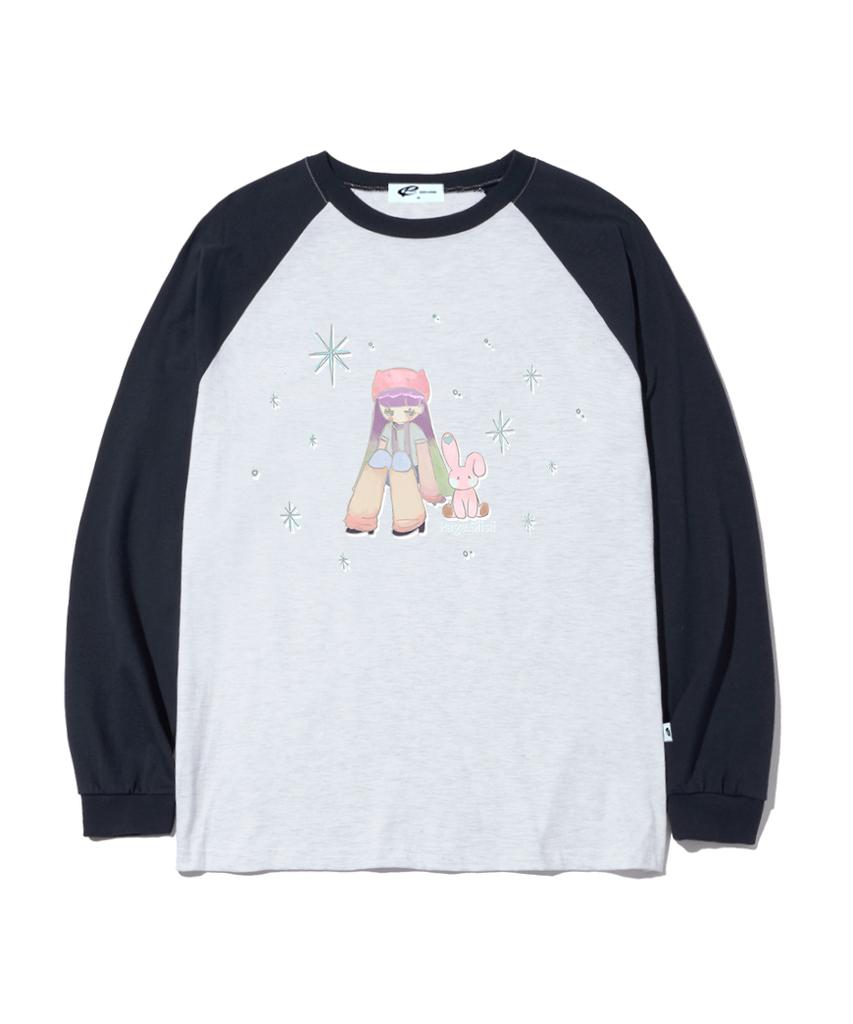 PAGESIISII Rabbit Friends Illustration Print Oversized Long Sleeve Navy