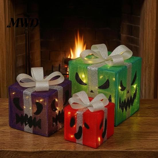 Handmade Pumpkin Face Props 3Pcs Lighted Halloween Gift Boxes, Spooky Glowing Shopping Mall Decor Presents Box, Warm Light Holiday Ornament for Indoor