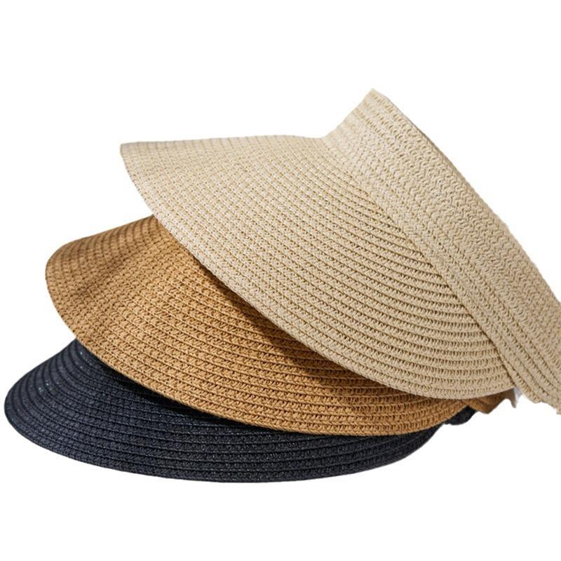 Women Straw Sun Caps Foldable Portable Empty Top Hat Ponytail Sun Visor Hats for Outdoor Beach Holiday Summer Adjustable Caps