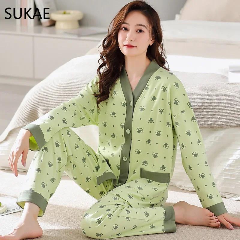 SUKAE New M-5XL Autumn Winter New Cotton Women Pajamas Lady Pijamas Set Loungewear Kimono Cardigan Long Sleeves V-neck Homesuit