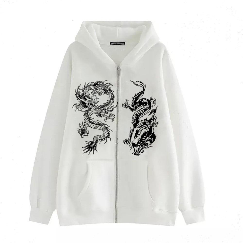 Women's Dragon Print Zipper Hoodie, 2025 European & American Trendy Loose Fleece Jacket