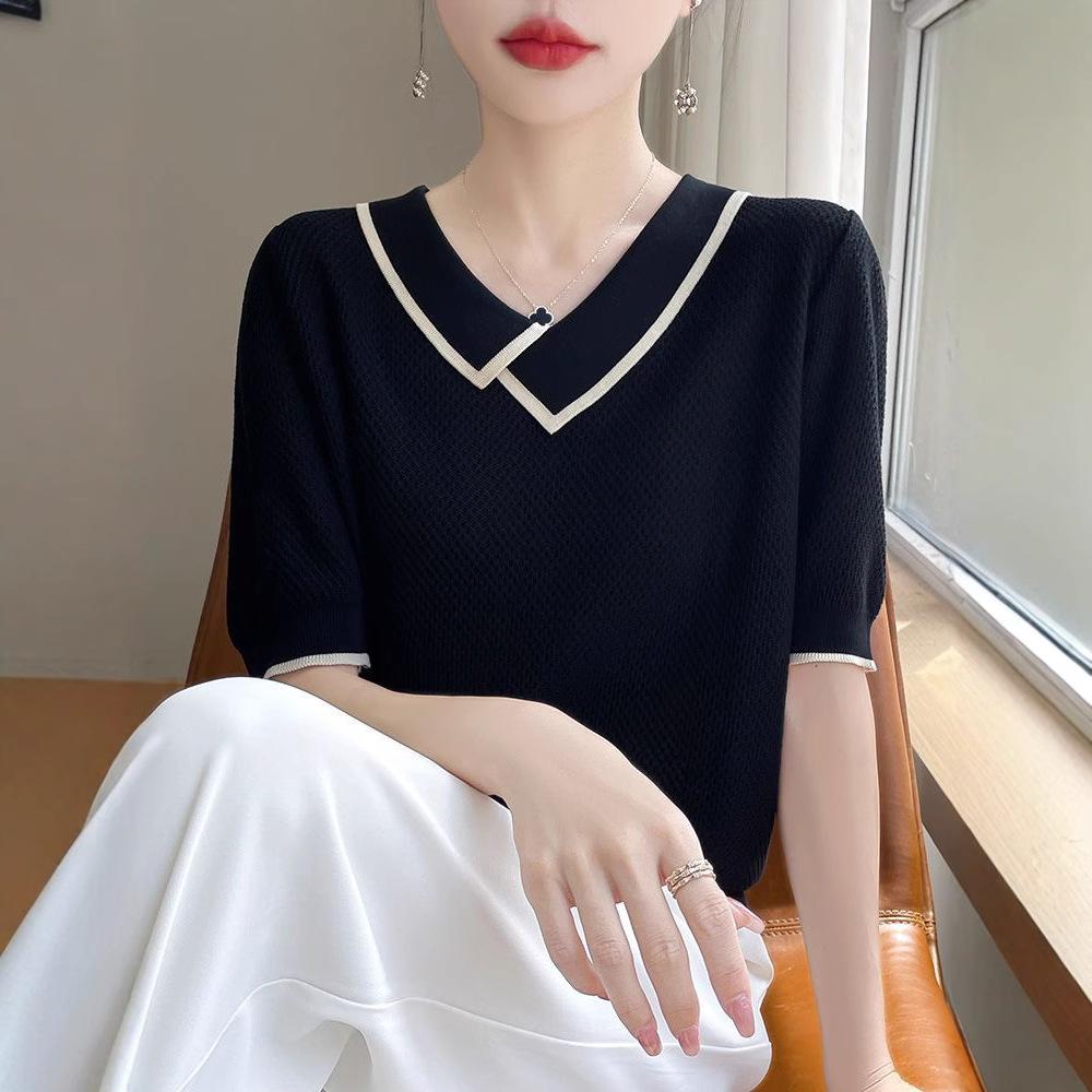 Summer Women's Knitted T-shirt Top V-neck Ice Silk Knitted Shirt Short Sleeve for Women