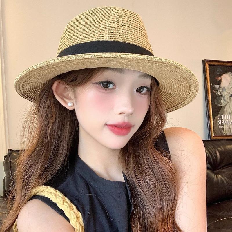 Straw Hat Seaside Hat Strapped Straw Hat Women's Travel Sunscreen Beach Sun Hat Lace Sun Hat