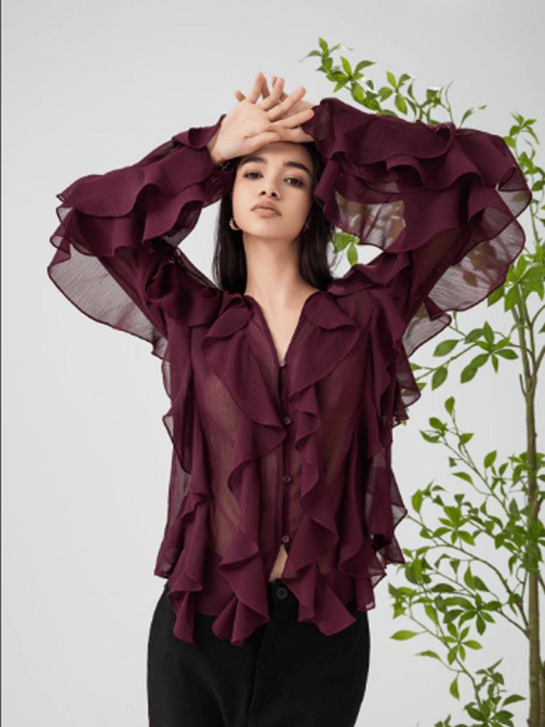European and American V-Neck Layered Long-Sleeve Women's Spring/Summer Pullover Shirt