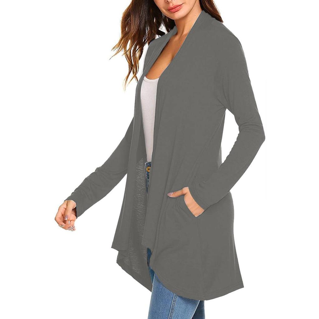 European and American Women's Knit Long Sleeve Solid Cardigan with Pockets - In Stock