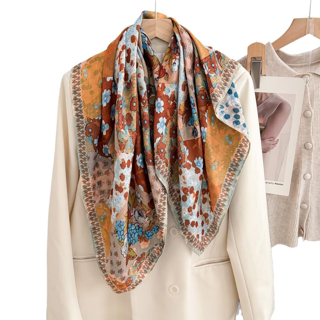 Retro Ethnic Style Velvet 91 Large Square Scarf Old Money Style Women's Double-sided Scarf Fashion High-end Silk Scarf Scarf Shawl