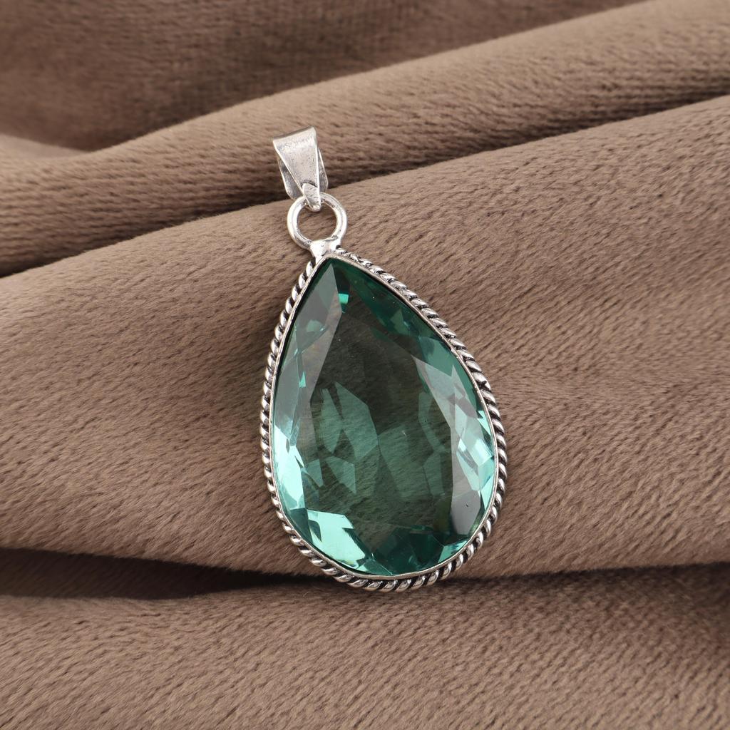 Green Apatite Gemstone Silver Pendant 1.8" , 925 Sterling Silver Handmade Jewelry, Pear Shape Pendant For Women PP-65-8