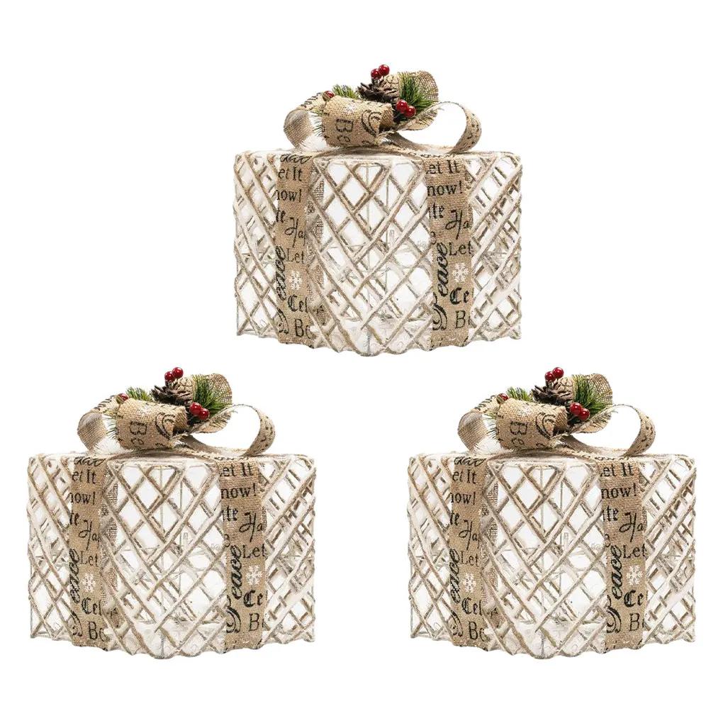 

3 шт. Рождественская светящаяся подарочная коробка, украшение с бантом, рождественская светящаяся коробка, наружное освещение, рождественское украшение льняной