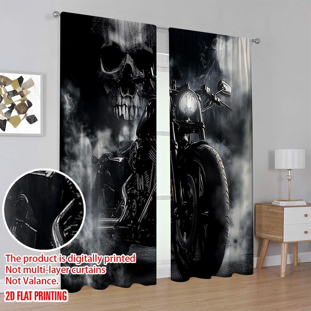 2D Flat Printing 2Pcs Black Motorcycle Rider Curtain Gray Skull And Mist Curtain Extreme Sport For Bedroom Living Room And