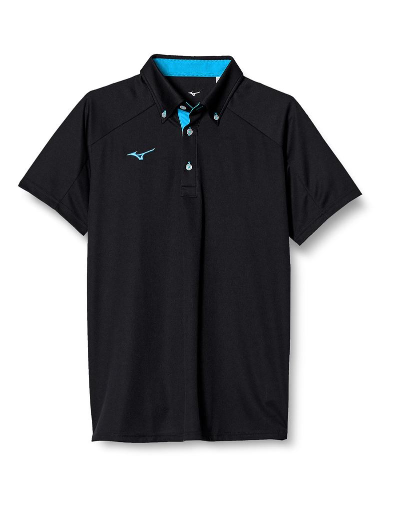 Mizuno Training Wear Polo Short Size S Shirt, Button-Down, Sleeve, Moisture-Wicking, Quick-Drying, Black/Diva Blue,