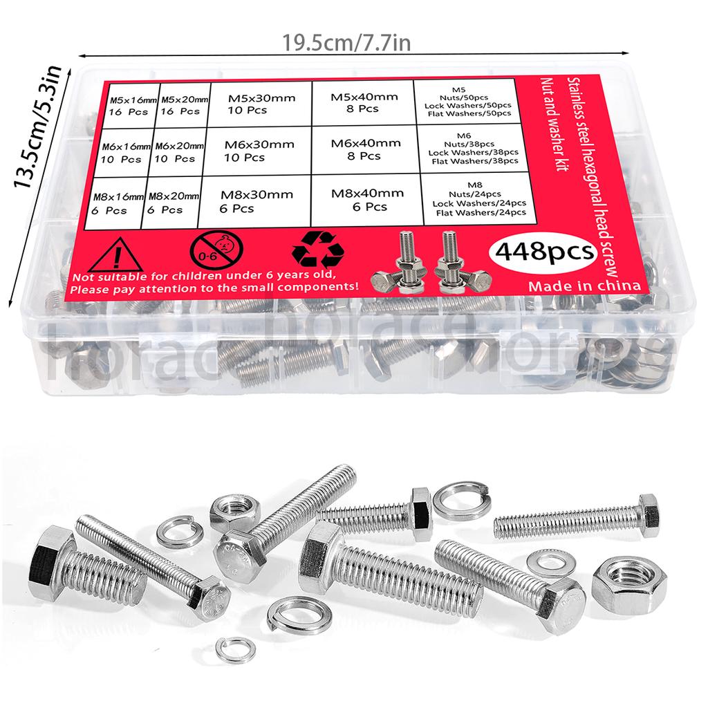 448PCS Stainless Steel Metric Bolt Assemblies, M5 M6 M8, Nut and Bolt Set Flat Washers and Spring Washers, Hex Head Screw Bolt a