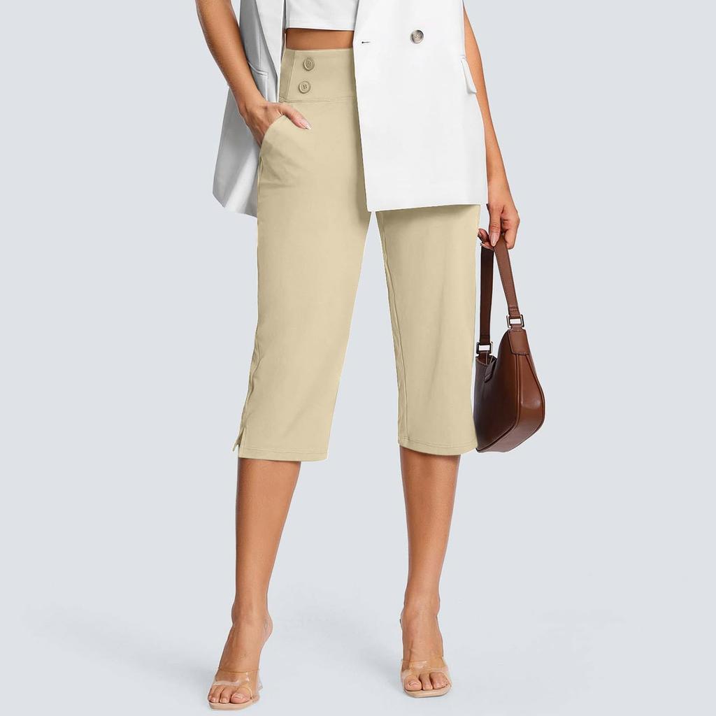 Women's Fashionable Solid Color Button Pocket Pants With Split Hems High Waist Sports Yoga Casual Cropped Pants