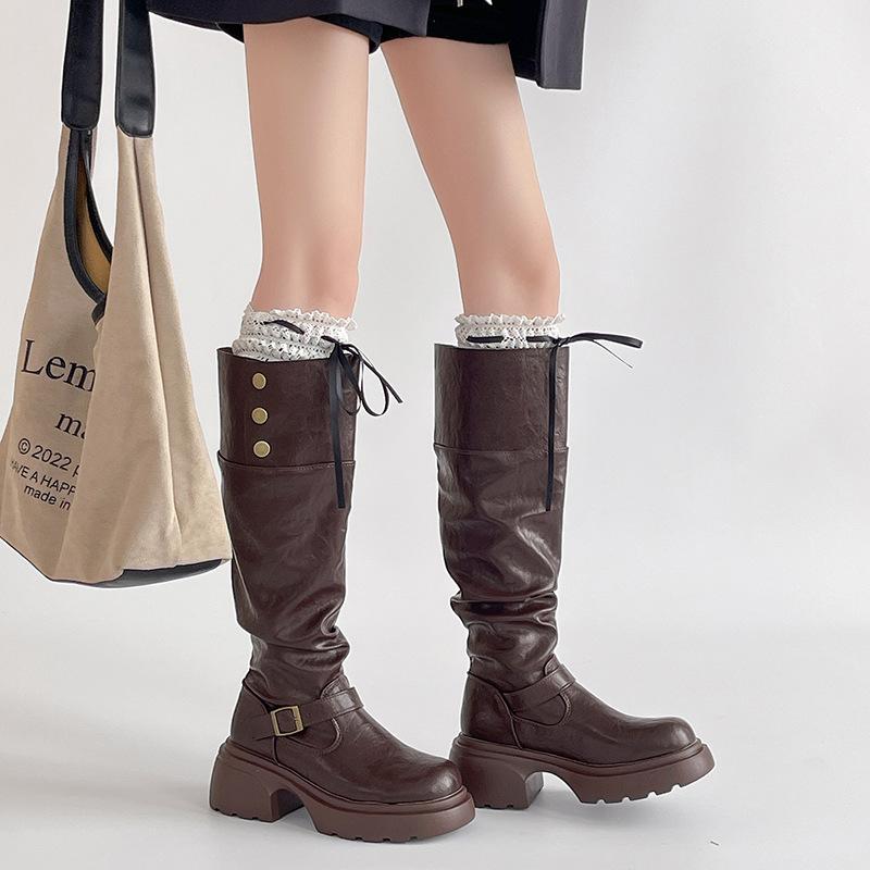 Fashion retro style thick heel leather boots belt buckle platform boots women's autumn and winter fashion high heel knight boots trend