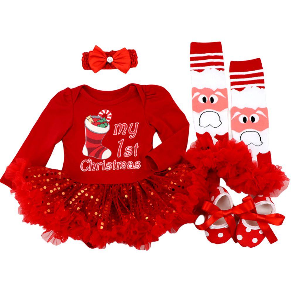 Costume De Noël Bébé Fille - Ensemble 4 Pièces : Body, Jupe Tutu Tulle, Jambières, Bandeau - "Mon Premier Noël"
