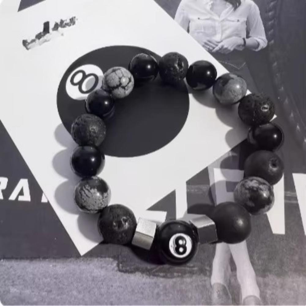 Retro Fashion 10mm Natural Black Agate Stone Beaded Bracelet for Men Punk Style Number 8 Cross Bangle Hip Hop Rock Jewelry Gift