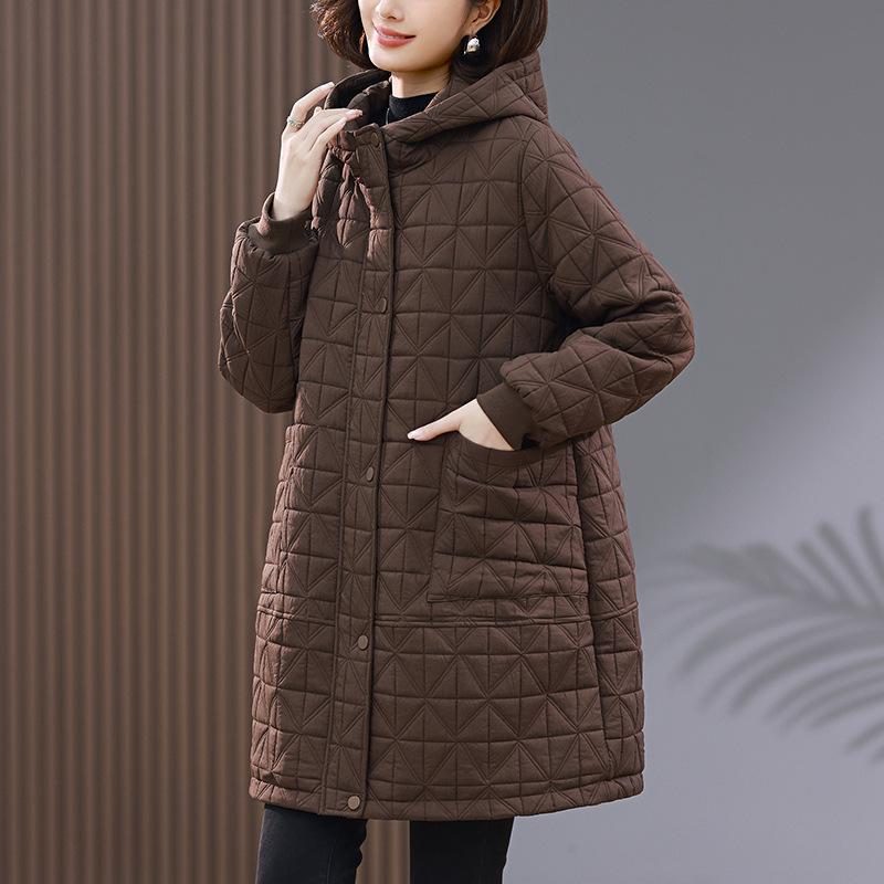 Dámský prošívaný bavlněný kabát střední délky s kapucí, Zimní bunda 2024 plus size zeštíhlující pro maminky středního věku