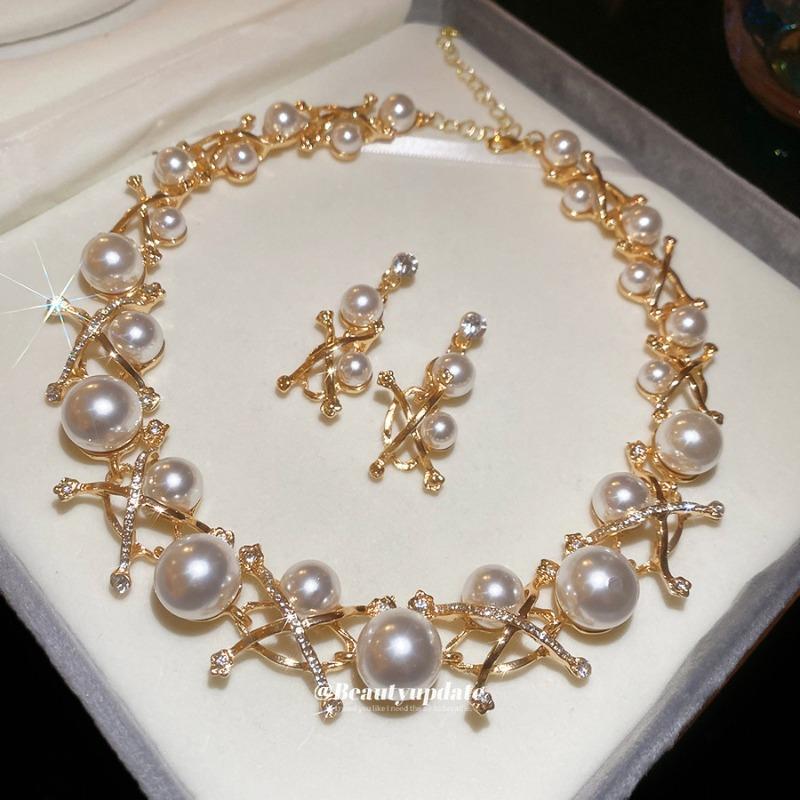 Meier Perlenohrringe und Halsketten-Set - französischer Vintage-Hofstil Schmuck, High-End-Accessoires