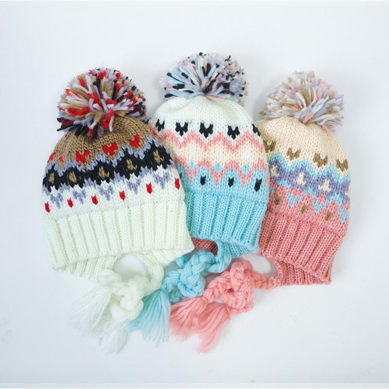 Korean Version of Children's Hats Autumn and Winter Girls Wool Hats Knitted Colored Hairballs Baby Ear Hats Boys Warm Winter