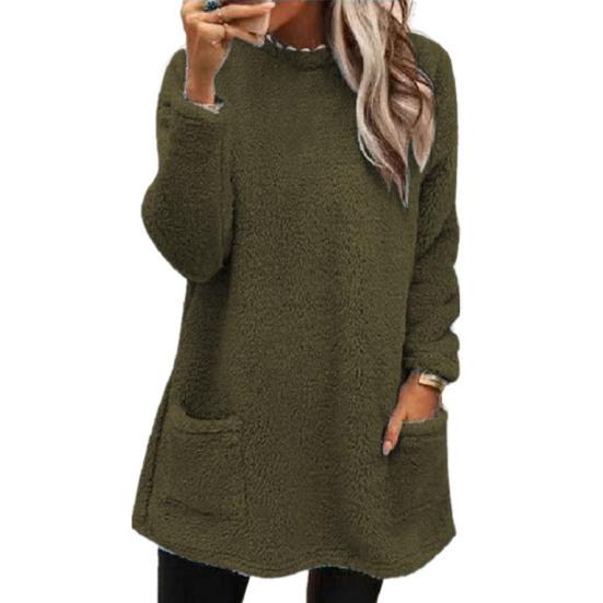 Lady Winter Sweatshirt with Dual Pockets Pure Color Plush Round Neck Loose Mid Length Pullover Top Casual Office Party Workout Sweatshirt