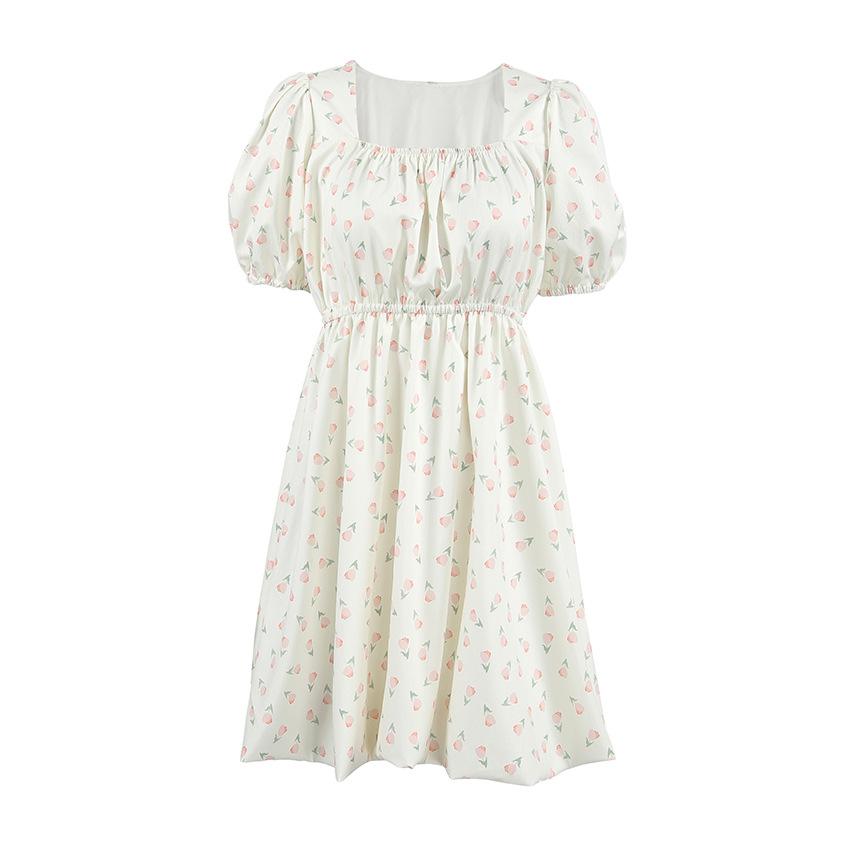 Spring and Summer French Elegant Floral Bubble Sleeve Dress Women's Fashion High Waist Square Neck A-shaped Dress Women's Clothing