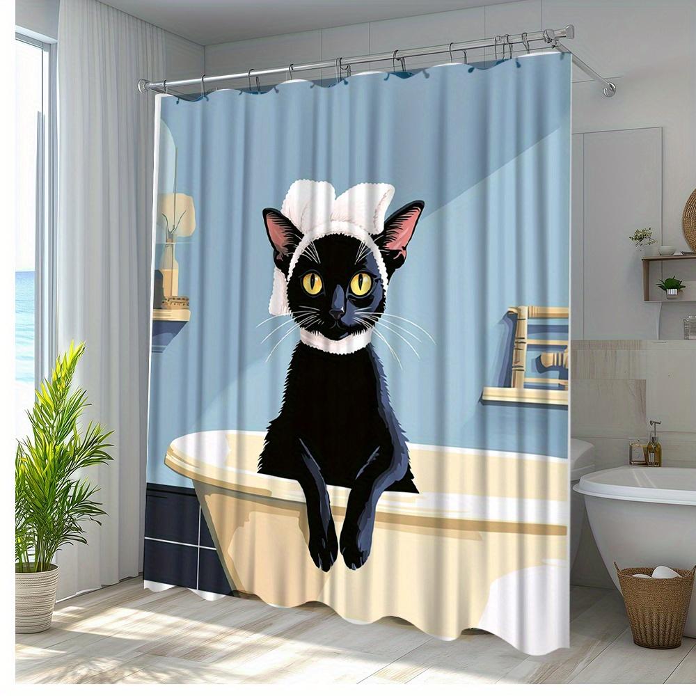 1pc Funny Black Cat Shower Curtain, Cute Cat Illustration, Bath Decor, Polyester Fabric, Bath Tub Divider, Stylish Bathroom Deco