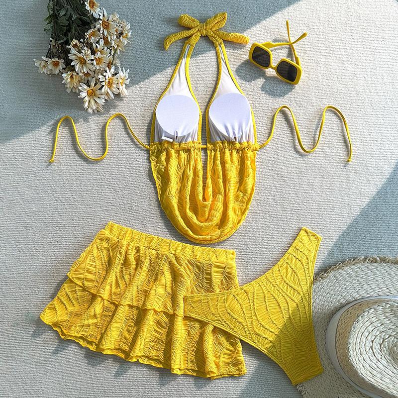 Fashion New Solid Color Split Swimsuit Women Halter Bikini Three-piece Seaside Beach Drawstring Swimsuit