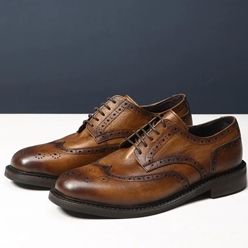Handmade Carved Genuine Leather Brogue Shoes Men'S Oxfords Classic Round Head Block Heel Lace Up Business Formal Work Shoes Male