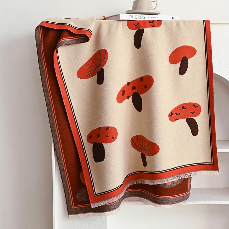 Cartoon Small Mushroom Print Cute Double-Sided Women'S Imitation Cashmere Warm Scarf Small Fresh Air Conditioner Shawl
