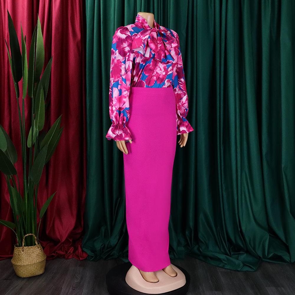 YYFS Women's Fashion Casual Flower Pattern Print Autumn Winter Long Sleeve Skirt Suits