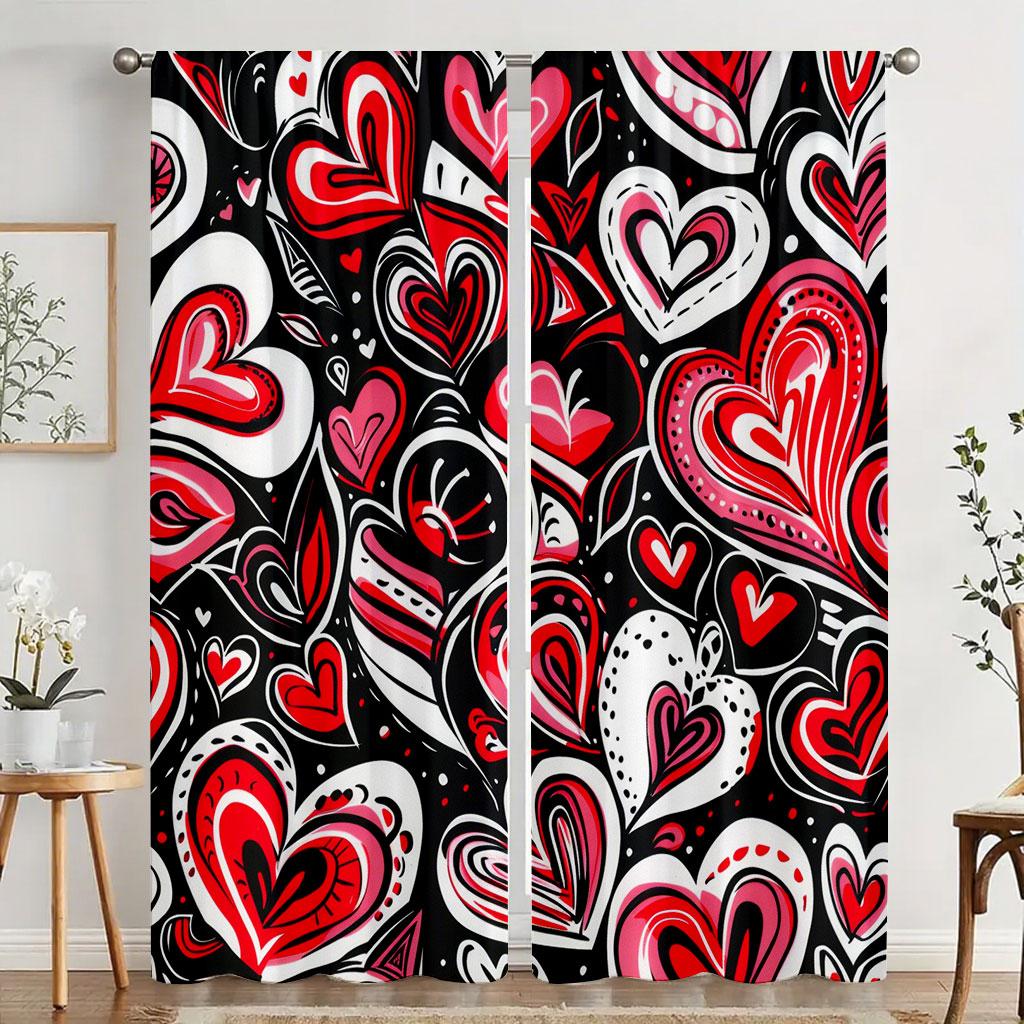 2 Stück Rote   schwarz-weiße Graffiti-Herzform-Vorhänge   lebendige Kunst   Schlafzimmer und Wohnzimmer   dekorative Stangentaschen