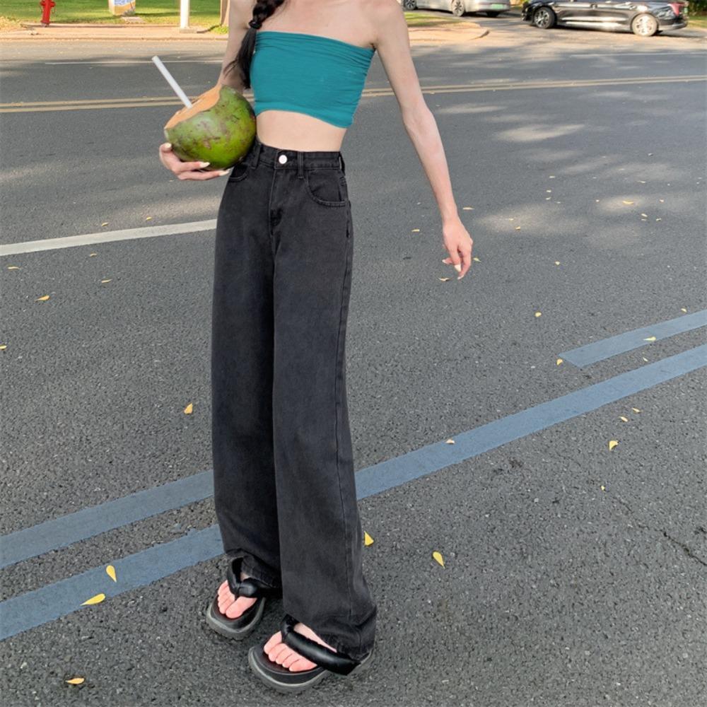 

Нейтральные джинсы с высокой посадкой и широкими штанинами женские 2025 новые свободные и тонкие прямые драпирующиеся джинсы, подметающие пол 2XL черный серый