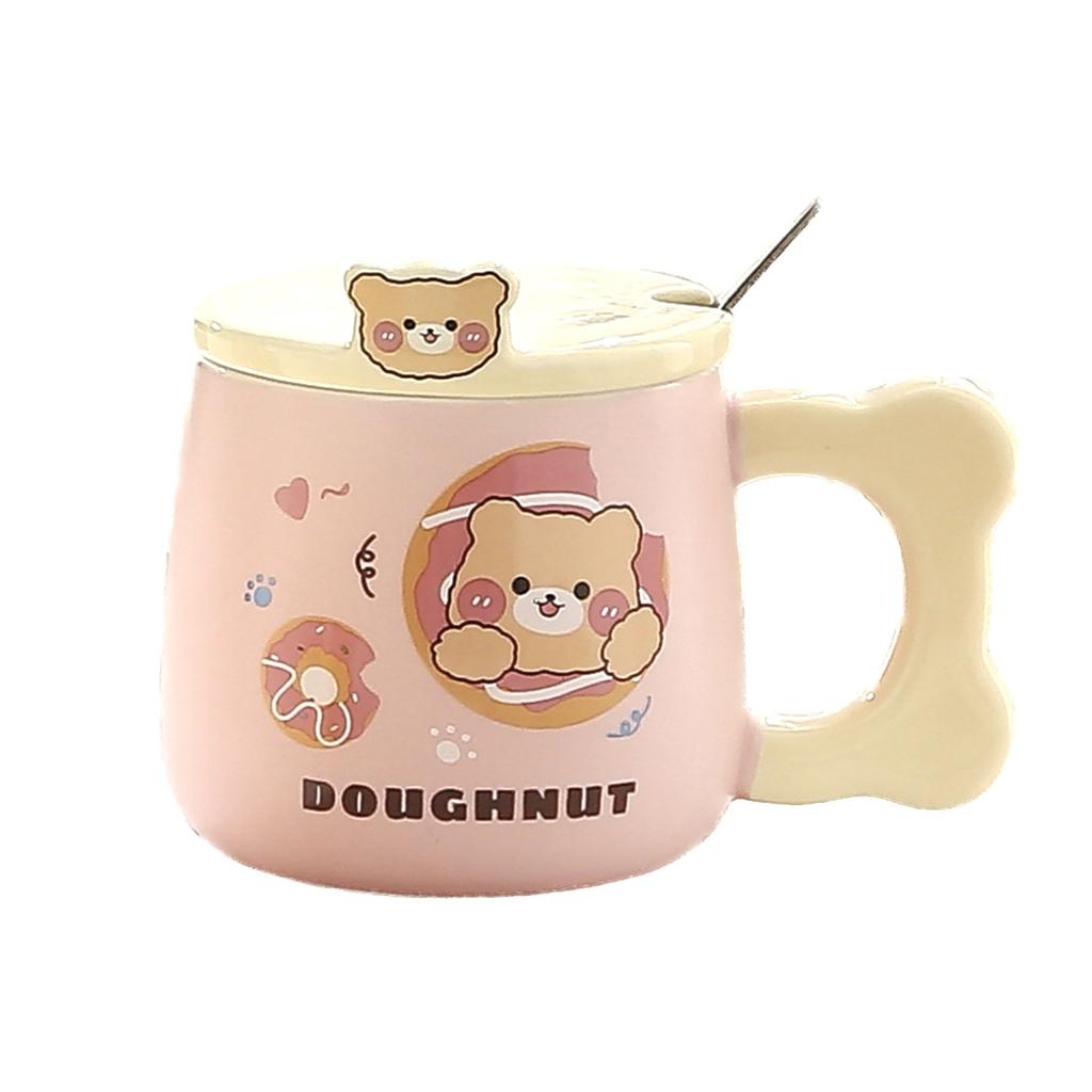 Tasses Céramiques Dessin Animé Mignonnes et Jolies Tasses Ours Tasses à Eau Ménagères pour Couple Tasses à Café avec Cuillères Couvertes Tasses à Lait