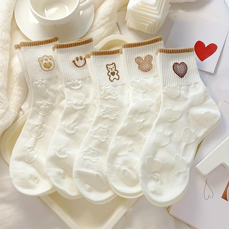 5 perechi de șosete de damă de lungime medie, tricotate, confortabile, moi, casual pentru căldură, șosete pentru sporturi de iarnă în aer liber, ursuleț drăguț