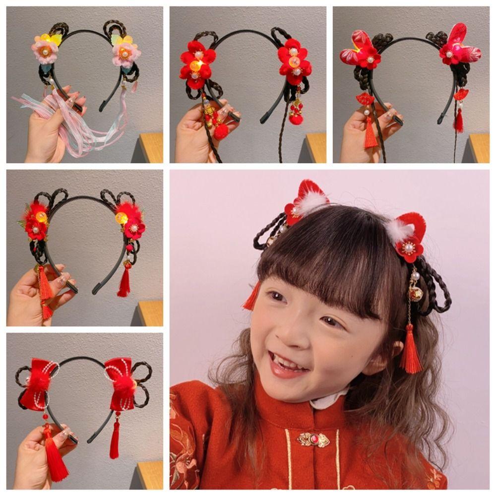 Red Flower Tassel Hairband Pigtail Wig Chinese Style Hair Hoop Fashion Hanfu Wig Headband  Children