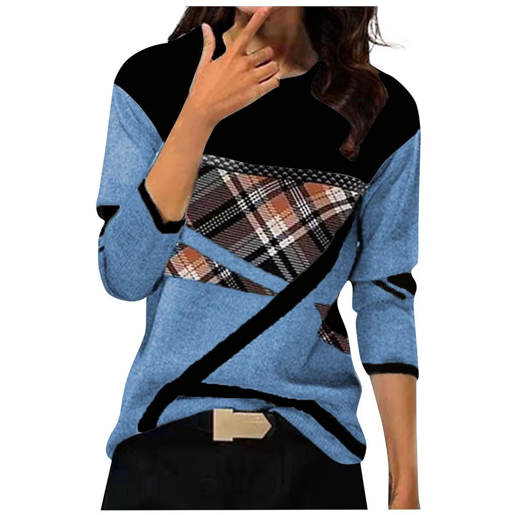 Damen Tops Elegante Casual Rundhals Langarm Shirts Plaid Print Casual Tunika Blusen Tops