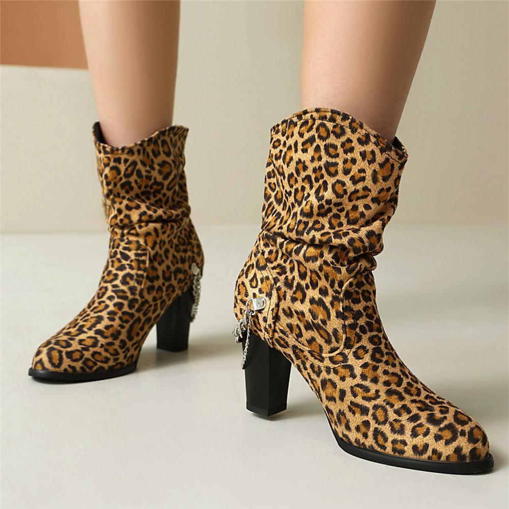 Fashion Pleated Mid-calf Boots For Women Shoes Block Heeled Chain Ankle Boots Casual Women's Autumn Winter Shoes Black Leopard Size35-48
