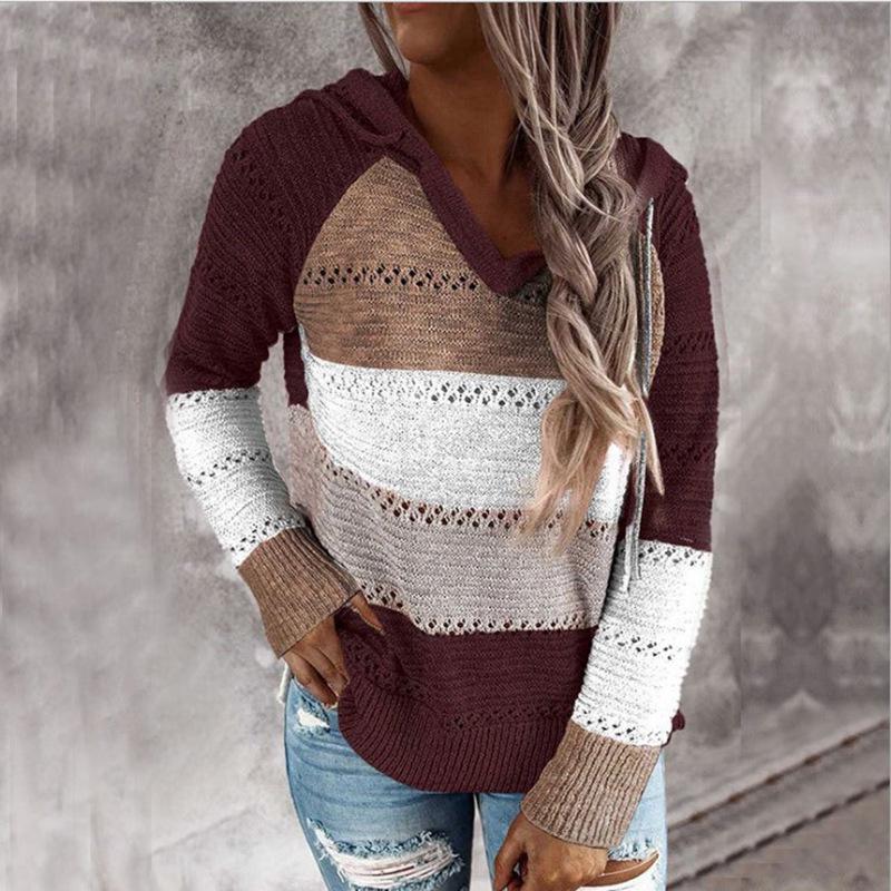 2022 Herbst/Winter Kapuzenpullover mit V-Ausschnitt und Kontrastfarben für Damen