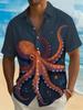 A Men's Summer Short-sleeve Button- Shirt Featuring a Vintage Deep-sea Octopus Print. The Dark Blue Base Is Paired with a Warm Orange Octopus Marine
